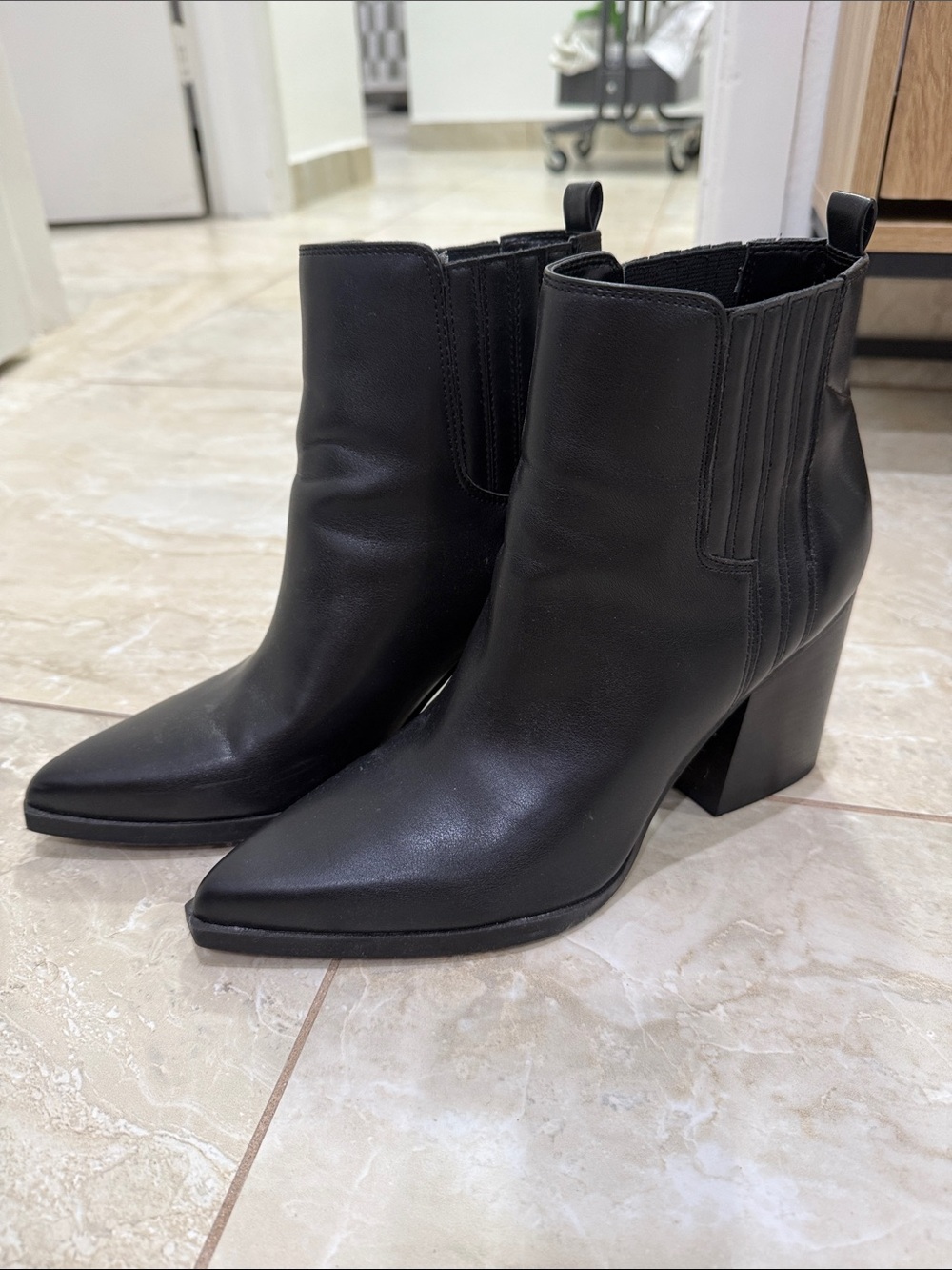 Black Pointed Toe Block Heel Ankle Boots - Women